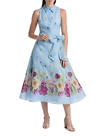 Floral Silk-Linen Fit & Flare Midi-Dress