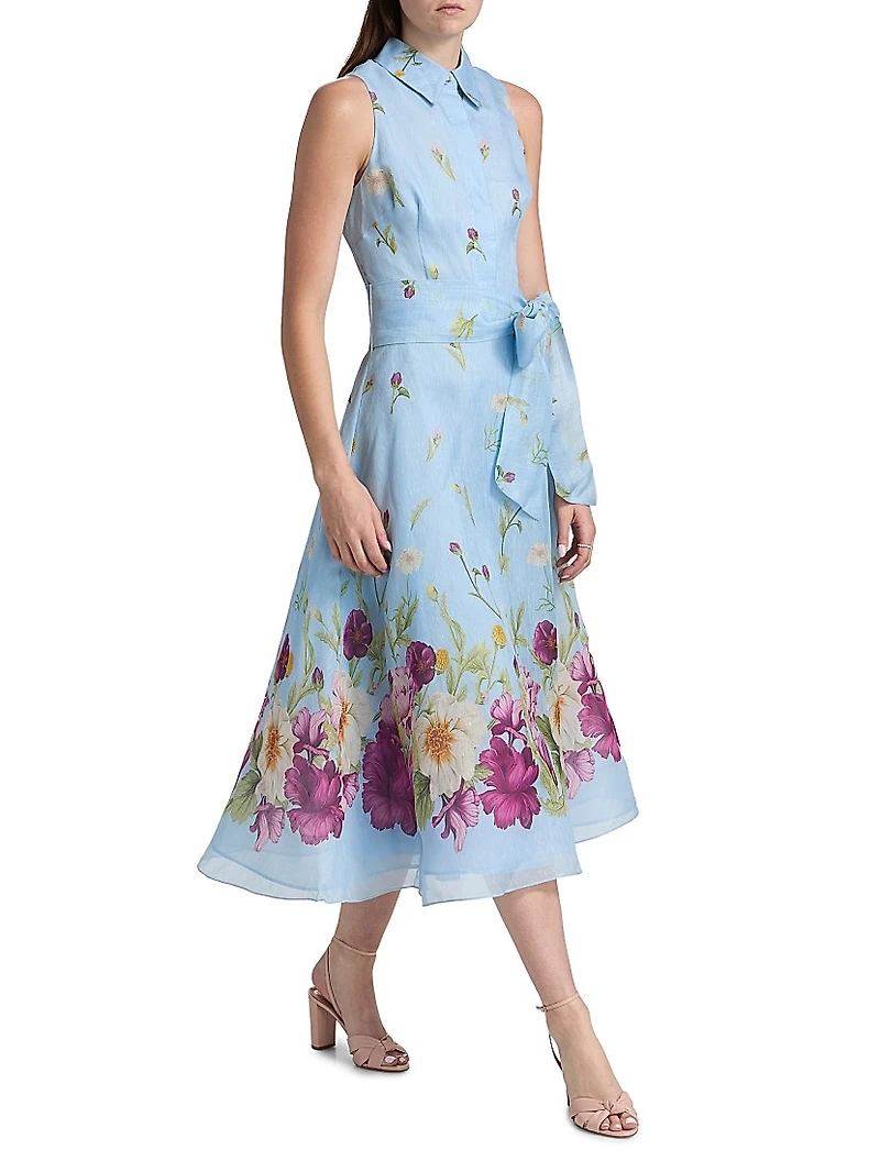 Floral Silk-Linen Fit & Flare Midi-Dress