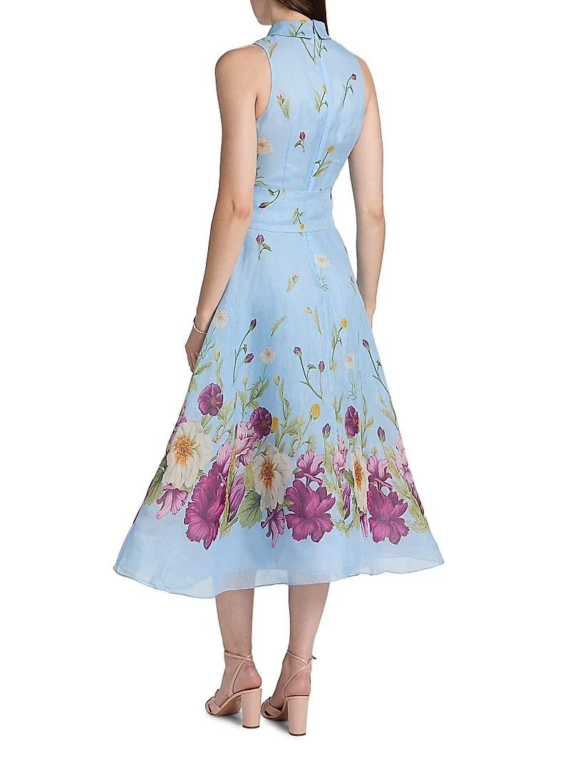 Floral Silk-Linen Fit & Flare Midi-Dress