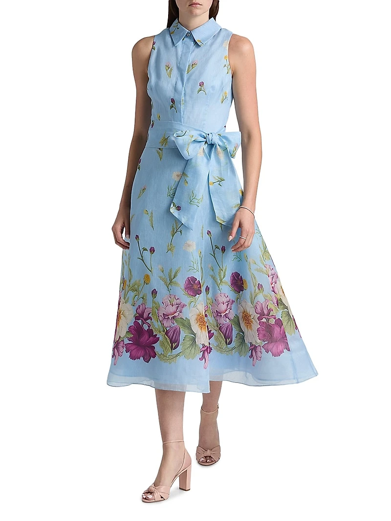 Floral Silk-Linen Fit & Flare Midi-Dress