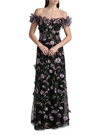 Floral Appliqué Off-the-Shoulder Gown