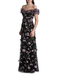 Floral Appliqué Off-the-Shoulder Gown