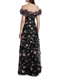Floral Appliqué Off-the-Shoulder Gown