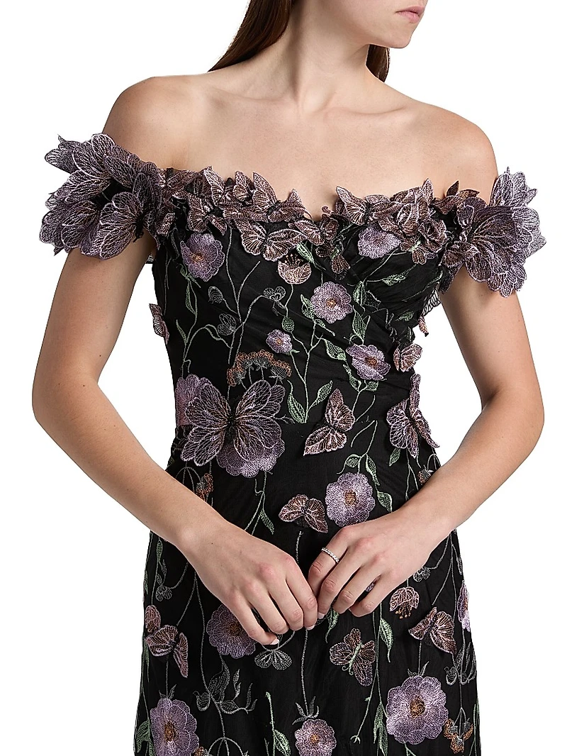 Floral Appliqué Off-the-Shoulder Gown