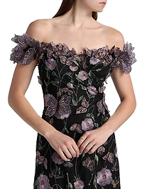 Floral Appliqué Off-the-Shoulder Gown