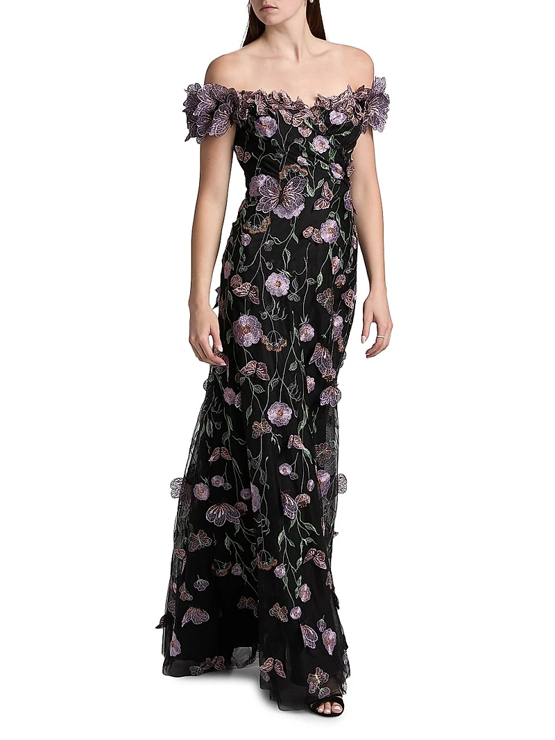 Floral Appliqué Off-the-Shoulder Gown