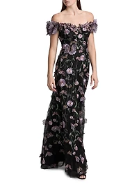 Floral Appliqué Off-the-Shoulder Gown