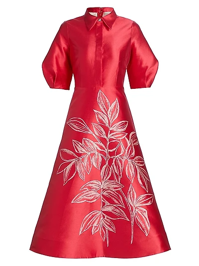 Botanical Jacquard Puff Sleeve Cocktail Dress