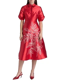 Botanical Jacquard Puff Sleeve Cocktail Dress