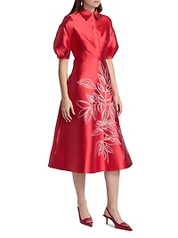 Botanical Jacquard Puff Sleeve Cocktail Dress