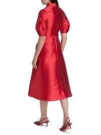 Botanical Jacquard Puff Sleeve Cocktail Dress