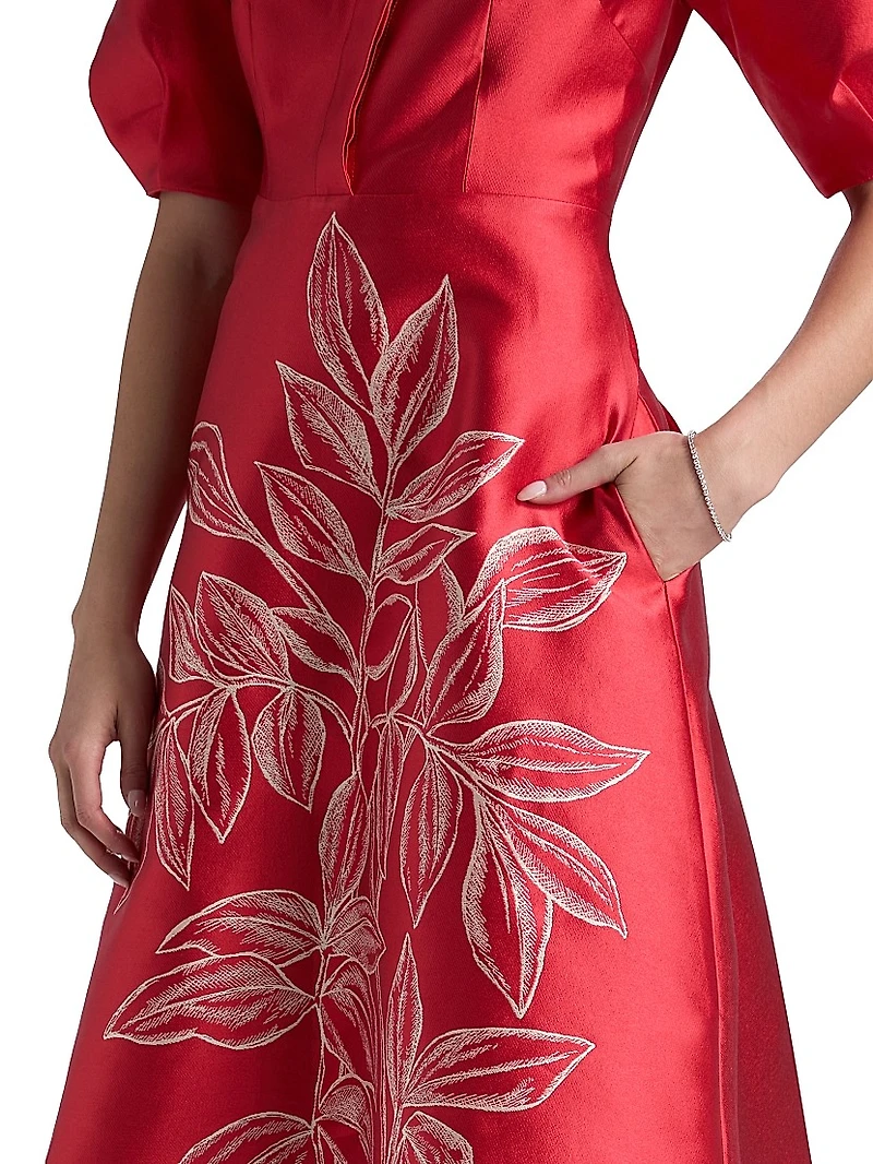 Botanical Jacquard Puff Sleeve Cocktail Dress