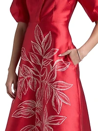 Botanical Jacquard Puff Sleeve Cocktail Dress