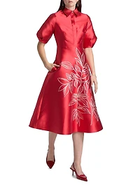 Botanical Jacquard Puff Sleeve Cocktail Dress