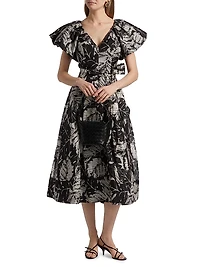 Leaf Print Silk-Linen Cocktail Dress