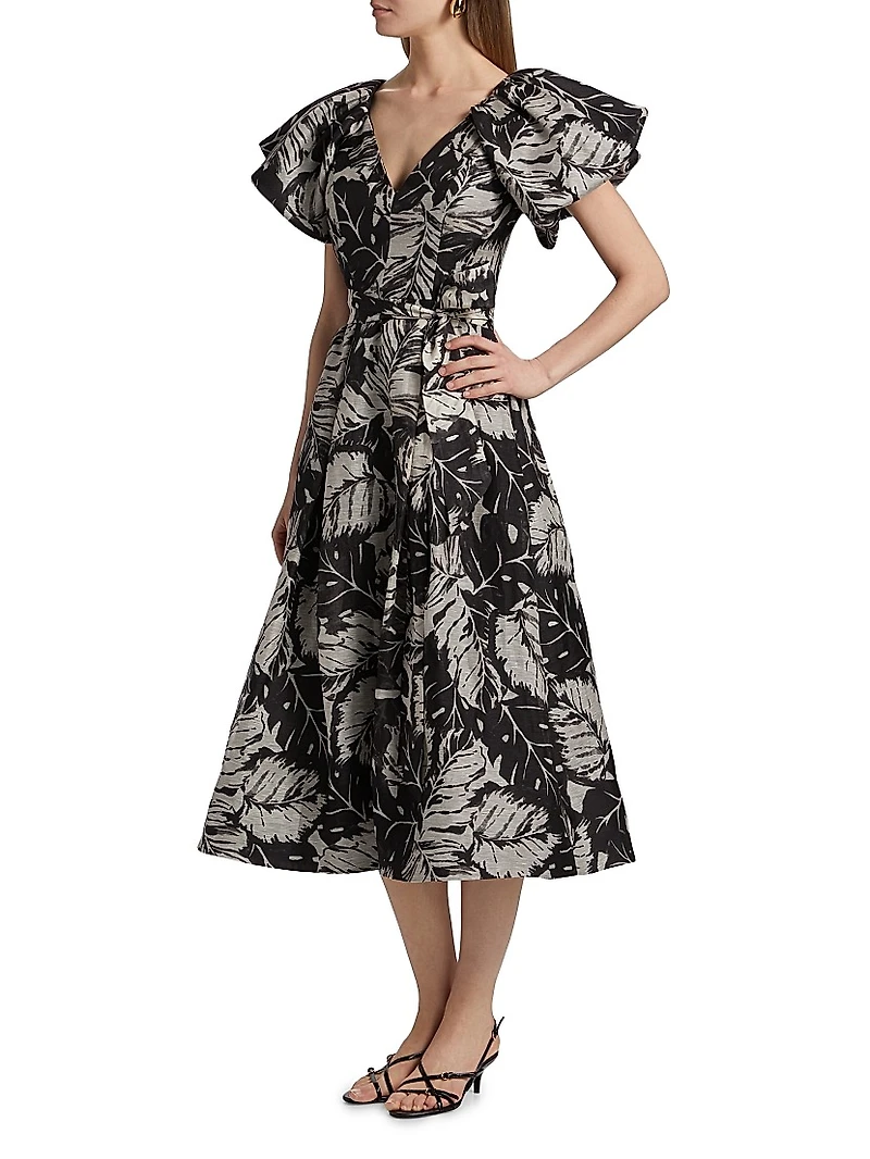 Leaf Print Silk-Linen Cocktail Dress