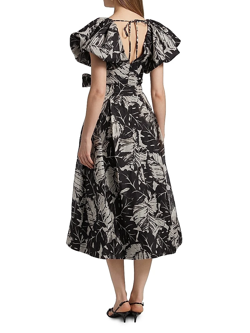 Leaf Print Silk-Linen Cocktail Dress