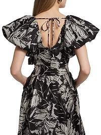 Leaf Print Silk-Linen Cocktail Dress