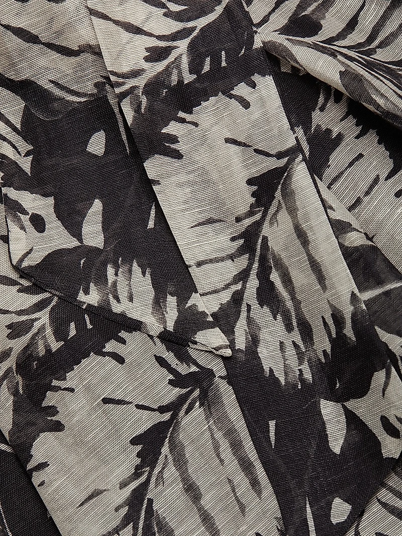 Leaf Print Silk-Linen Cocktail Dress