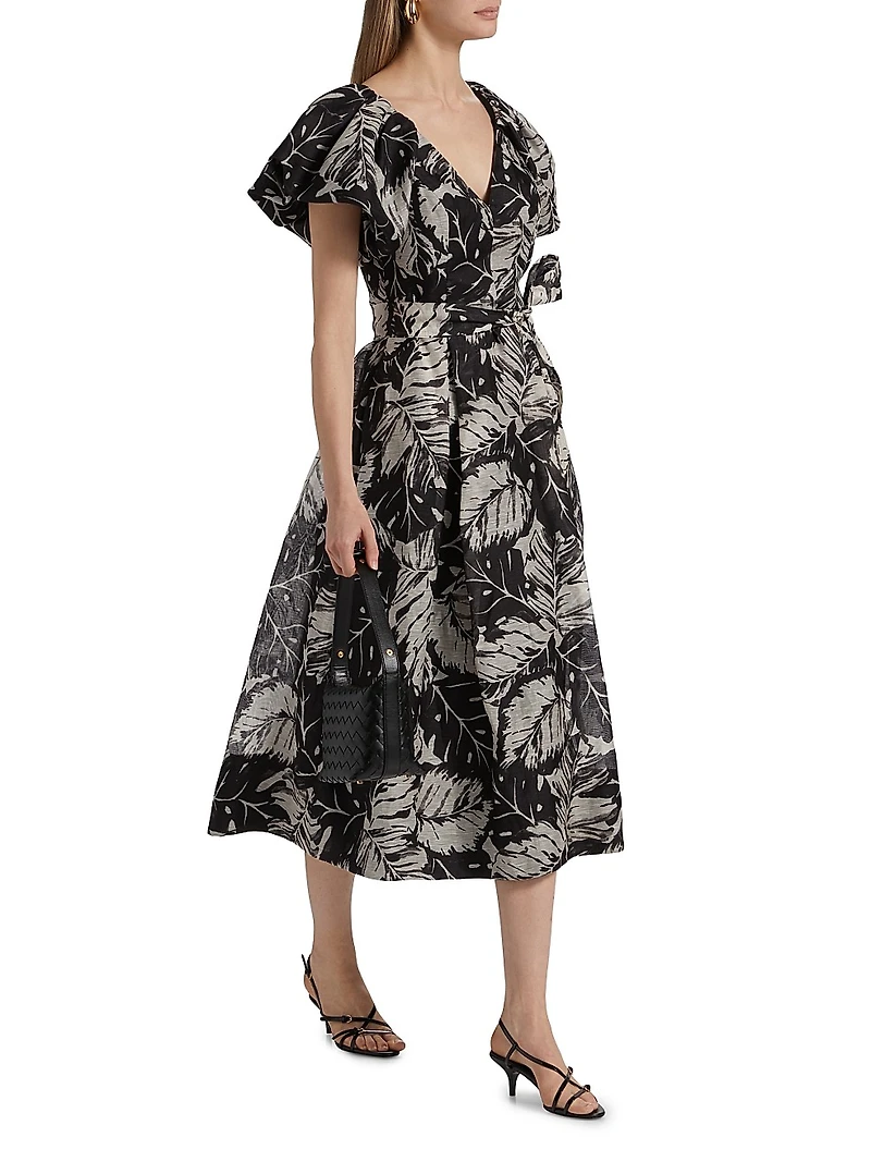 Leaf Print Silk-Linen Cocktail Dress