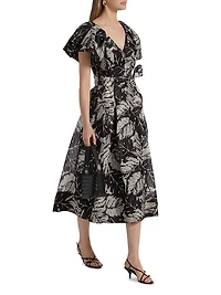 Leaf Print Silk-Linen Cocktail Dress