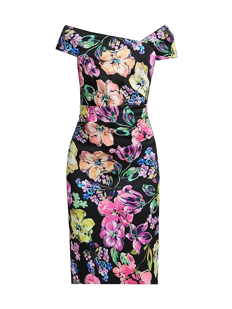 Asymmetric Floral Ruched Cocktail Dress
