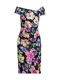 Asymmetric Floral Ruched Cocktail Dress