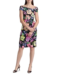Asymmetric Floral Ruched Cocktail Dress