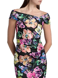 Asymmetric Floral Ruched Cocktail Dress