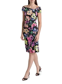 Asymmetric Floral Ruched Cocktail Dress