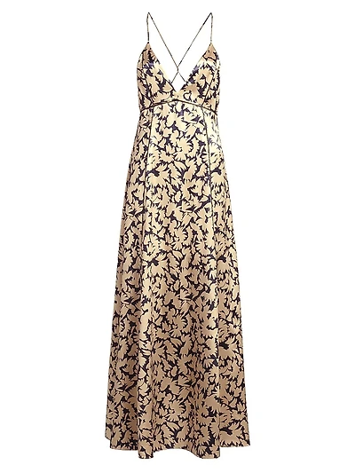 Evie Printed Satin Cross-Back Maxi Dress