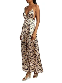 Evie Printed Satin Cross-Back Maxi Dress