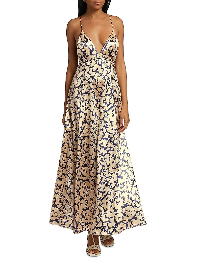 Evie Printed Satin Cross-Back Maxi Dress