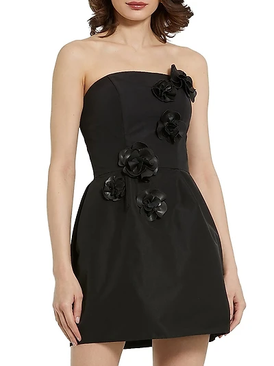 Floral Appliqué Faille Strapless A-Line Minidress
