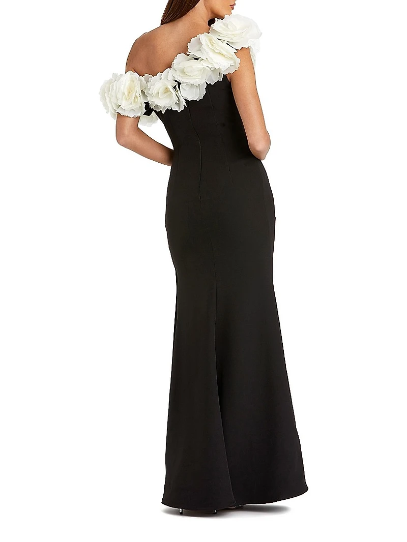 Evening Floral Jersey Off-The-Shoulder Gown