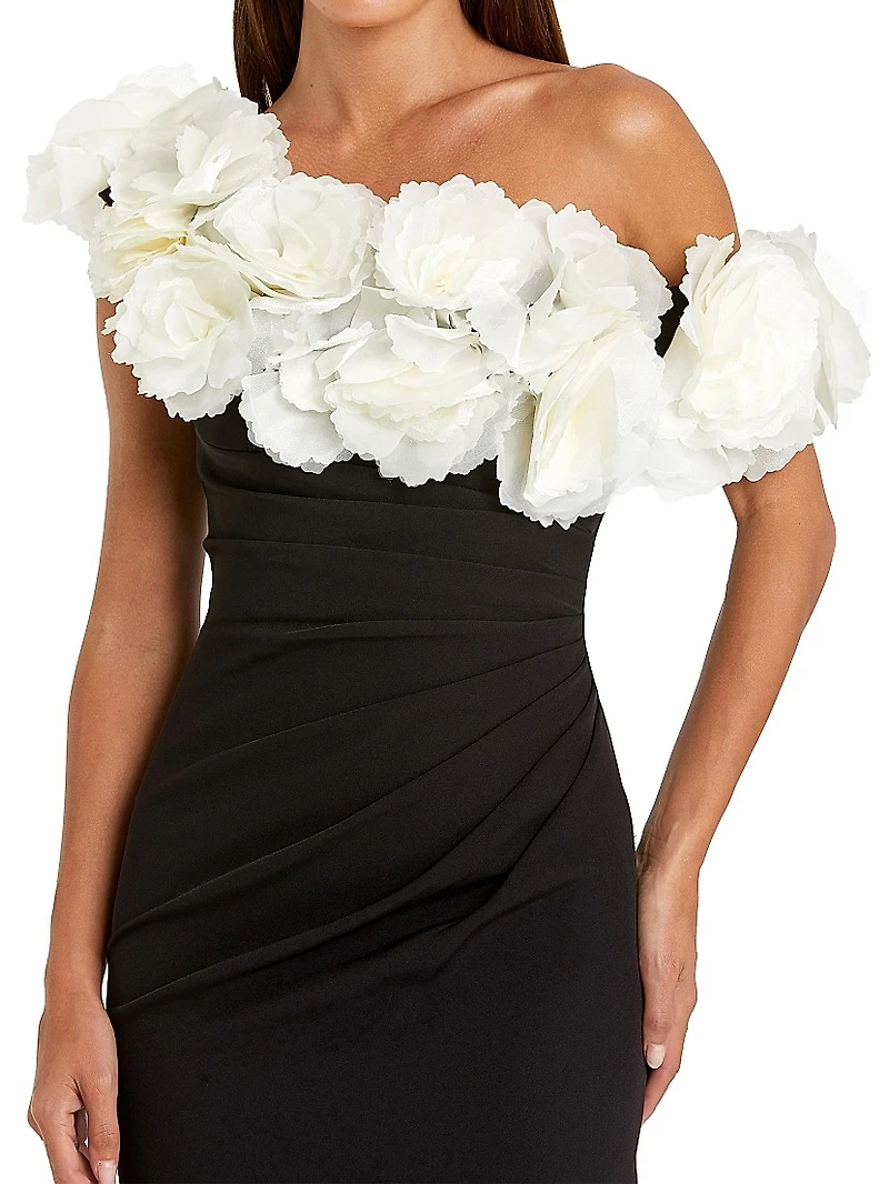 Evening Floral Jersey Off-The-Shoulder Gown