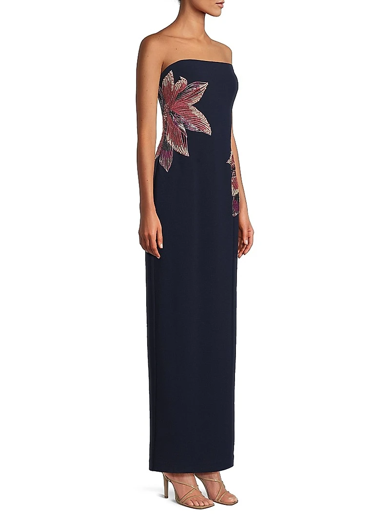 Beaded Floral Strapless Column Gown