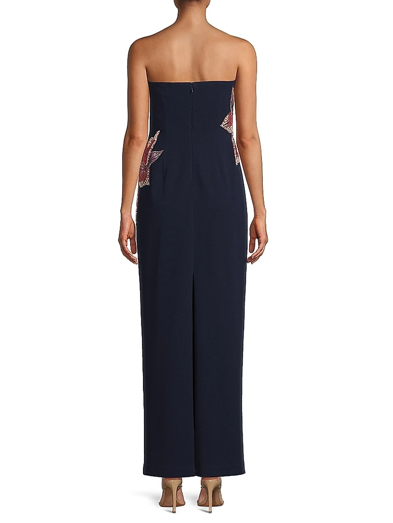 Beaded Floral Strapless Column Gown