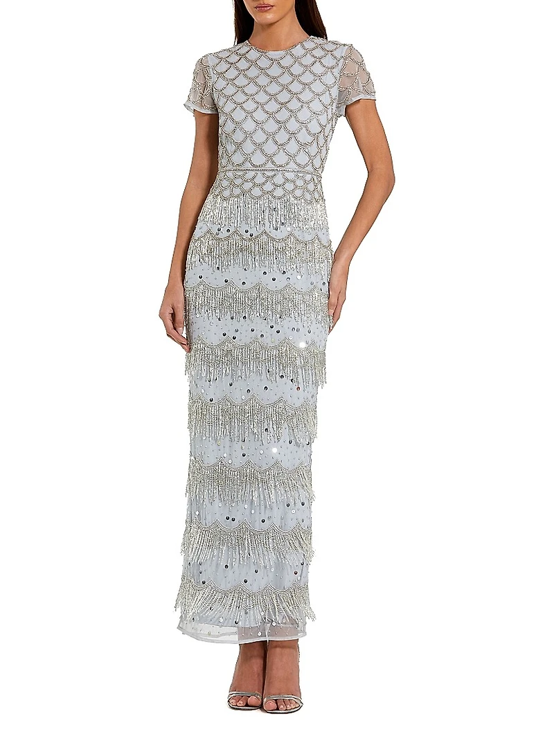 Evening Beaded Cap-Sleeve Gown