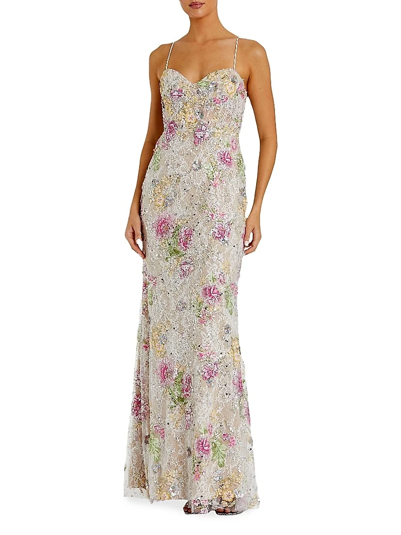 Prom Floral Sequined Bustier Gown