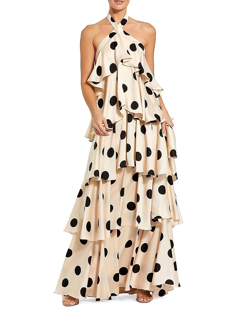 Ieena Polka Dot Charmeuse Halterneck Gown