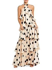 Ieena Polka Dot Charmeuse Halterneck Gown