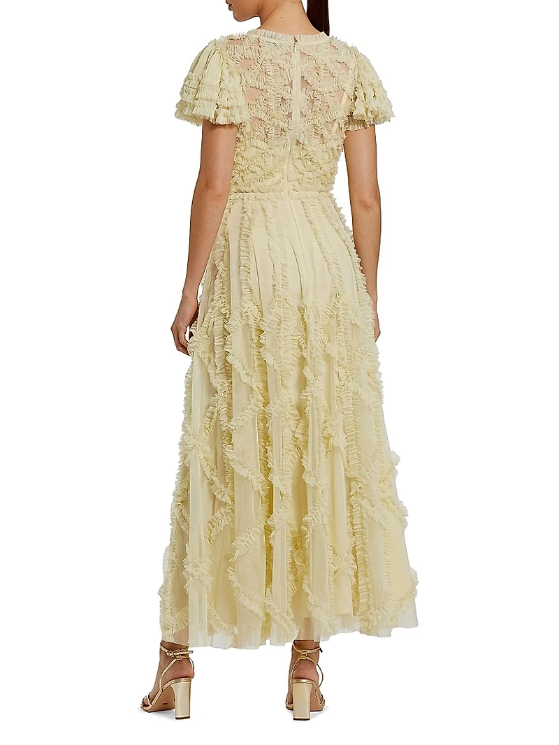 Ruffled Mesh Fit & Flare Gown
