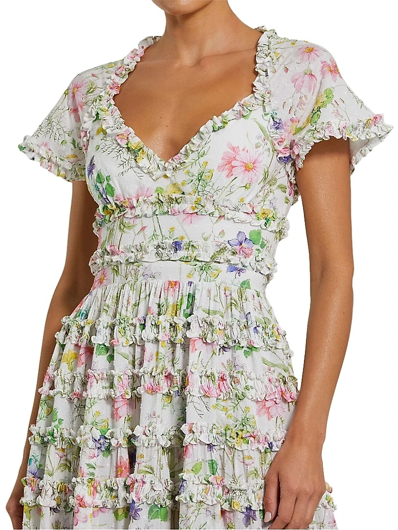Floral Ruffle Open-Back Cocktail Dress