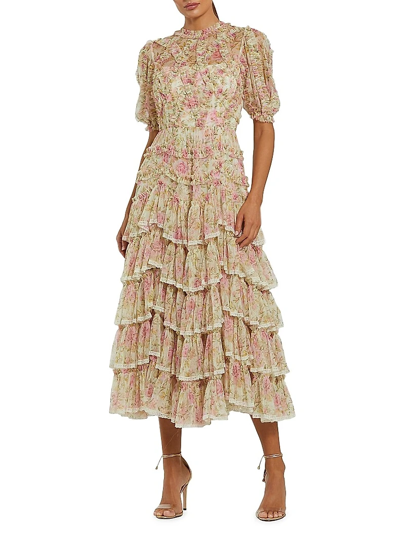 Floral Ruffle HIgh-Neck Cocktail Dress