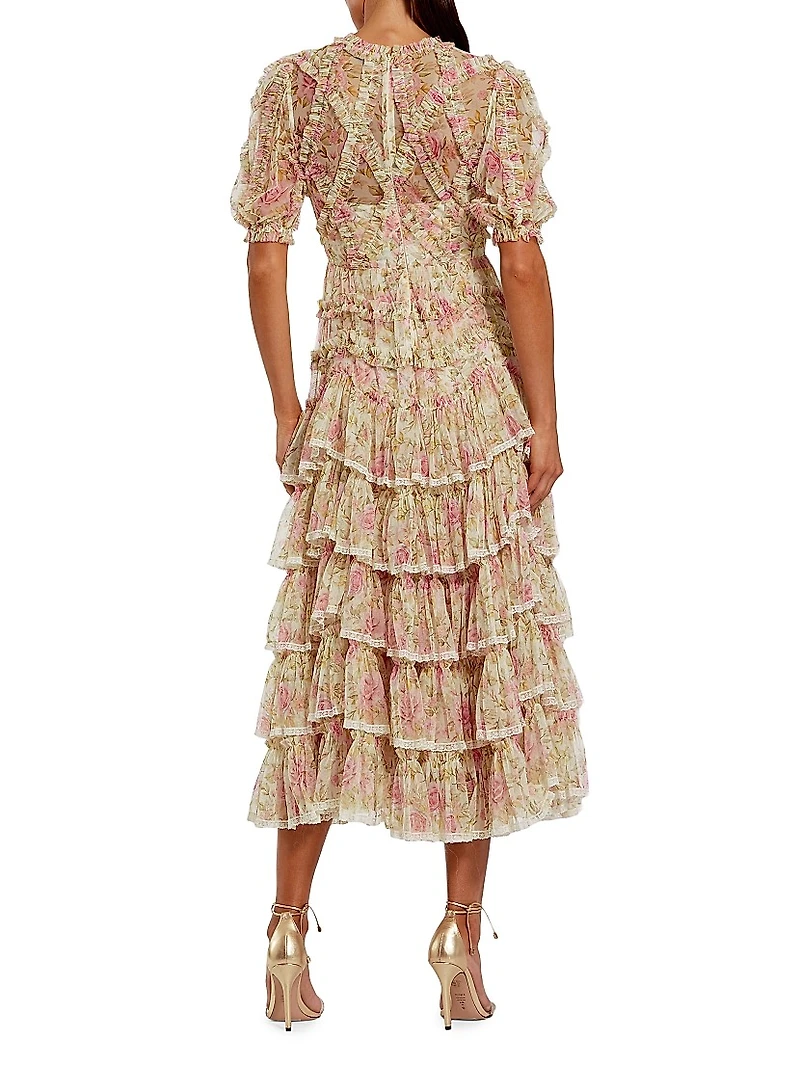 Floral Ruffle HIgh-Neck Cocktail Dress