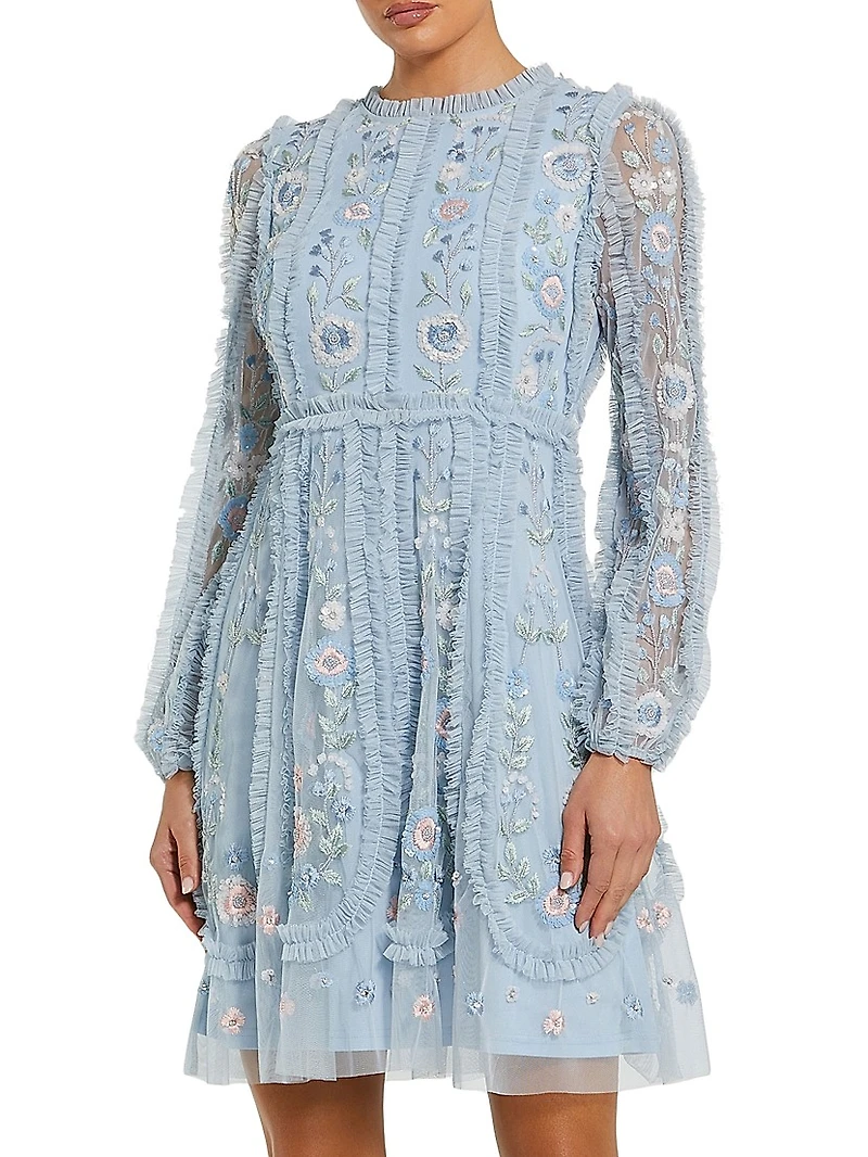 Cocktail Floral-Embroidered Tulle Minidress