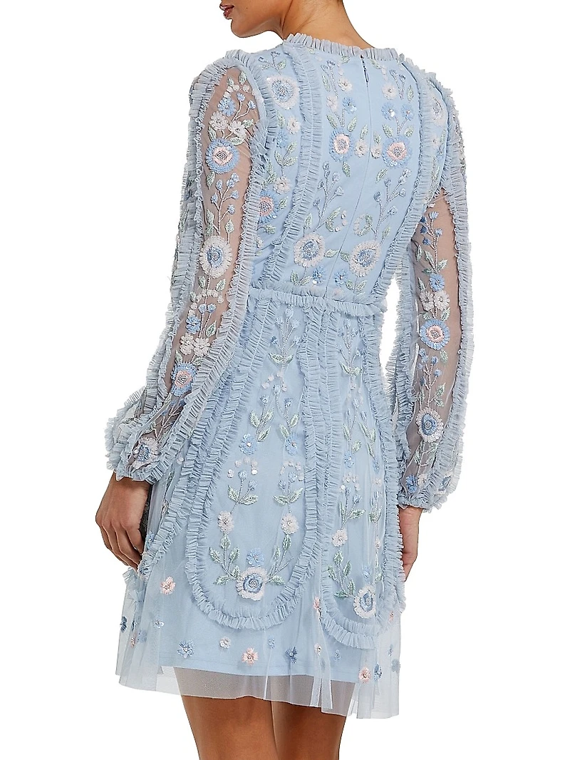 Cocktail Floral-Embroidered Tulle Minidress