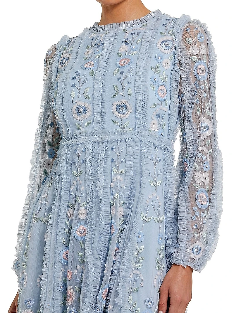 Cocktail Floral-Embroidered Tulle Minidress