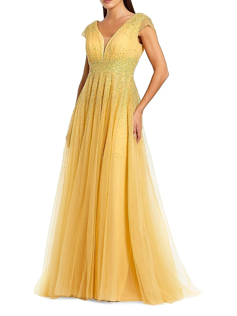 Embellished Tulle Cap-Sleeve A-Line Gown